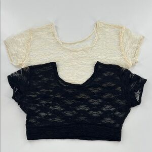 Half Tee Lace Crop Tops Black‎ Cream set of 2 witchy base layer fun casual Med